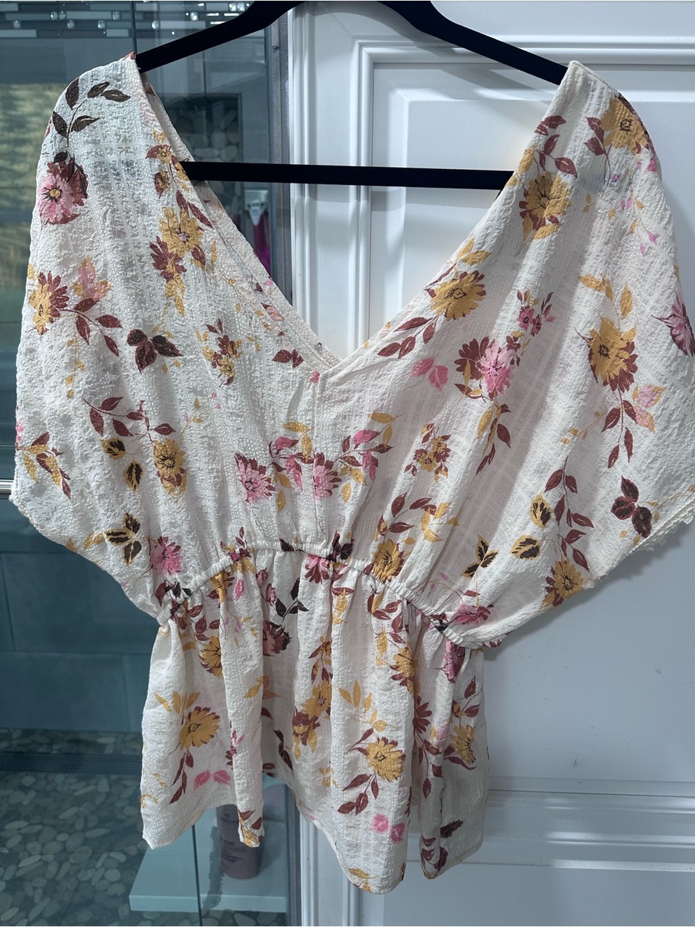 Draped V-Neck Floral Peplum Blouse - White with Pink & Yellow Flowers